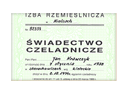 Świadectwo czeladnicze Jana Krawczyka.
